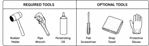 The tools used for a gas cylinder replacement: rubber mallet, pipe wrench, penetrating oil