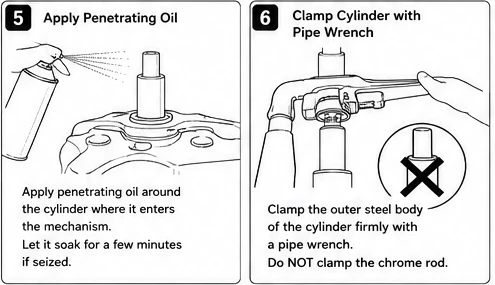 Steps 5 and 6: apply penetrating oil and clamp the cylinder with a pipe wrench
