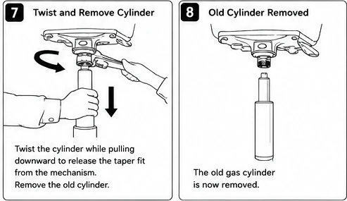 Steps 7 and 8: twist and remove the cylinder, old cylinder removed